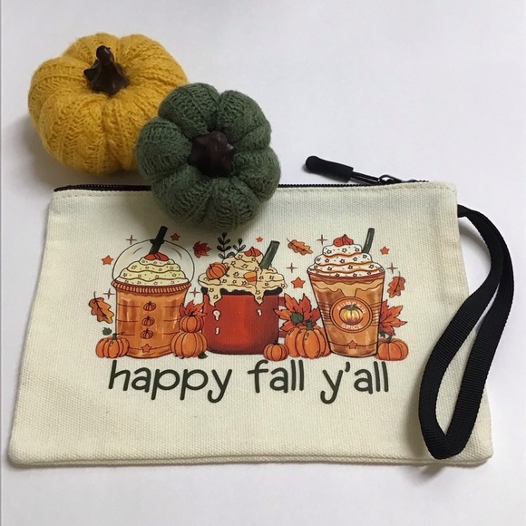 Fall Pumpkin Spice Latte Coffee Cosmetic Bag Canvas Zip Happy Fall Y’all NEW - Picture 1 of 11